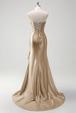 Sparkly Mermaid Strapless Corset Sequin Long Prom Dress with Ruffle Slit