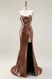 Metallic Fuchsia Strapless Mermaid Cut Out Lace Up Back Long Prom Dress with Slit