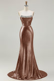Metallic Fuchsia Strapless Beaded Mermaid Corset Long Prom Dress