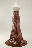 Metallic Fuchsia Strapless Mermaid Cut Out Lace Up Back Long Prom Dress with Slit