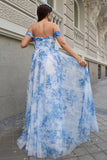 White Blue Flower A-Line Off the Shoulder Ruched Corset Maxi Dress with Slit