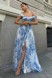 White Blue Flower A-Line Off the Shoulder Ruched Corset Maxi Dress with Slit