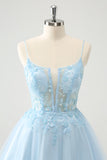 Cute Blush A Line Spaghetti Straps Corset Short Homecoming Dress with Appliques