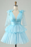 Cute Dark Blue A Line V Neck Backless Pleated Tiered Short Homecoming Dress