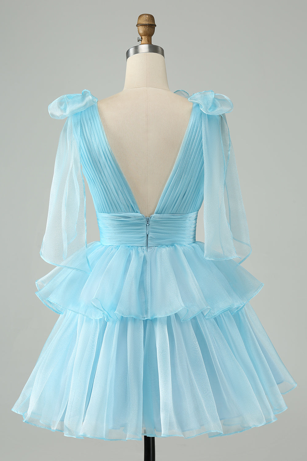 Cute Dark Blue A Line V Neck Backless Pleated Tiered Short Homecoming Dress