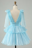 Cute Dark Blue A Line V Neck Backless Pleated Tiered Short Homecoming Dress