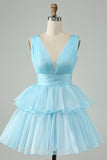 Cute Dark Blue A Line V Neck Backless Pleated Tiered Short Homecoming Dress