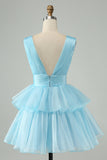 Cute Dark Blue A Line V Neck Backless Pleated Tiered Short Homecoming Dress