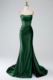 Mermaid Strapless Pleated Corset Long Royal Blue Prom Dress with Slit
