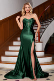 Sparkly Dark Green Mermaid Strapless Keyhole Corset Long Prom Dress with Slit
