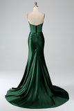Mermaid Strapless Pleated Corset Long Royal Blue Prom Dress with Slit