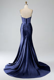 Mermaid Strapless Pleated Corset Long Royal Blue Prom Dress with Slit
