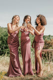 Desert Rose Spaghetti Straps Draped Chiffon Bridesmaid Dress with Slit