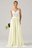 A-Line Spaghetti Straps Pleated Long Bridesmaid Dress With Lace