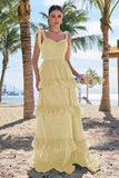 Eucalyptus A-Line Bow Tie Straps Corset Tiered Bridesmaid Dress with Slit
