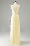 Lime A Line V Neck Floral Ruffle Open Back Bridesmaid Dress with Slit