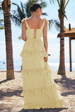 Eucalyptus A-Line Bow Tie Straps Corset Tiered Bridesmaid Dress with Slit