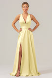 Pink A Line Deep V Neck Lace Up Back Long Satin Bridesmaid Dress with Slit
