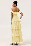 Eucalyptus A-Line Off The Shoulder Tiered Ruched Chiffon Long Bridesmaid Dress