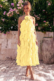 Lake Blue Halter A Line 3D Flower Wedding Guest Dress with Ruffles