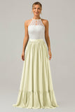 A-Line Halter Pleated Keyhole Chiffon Bridesmaid Dress With Lace