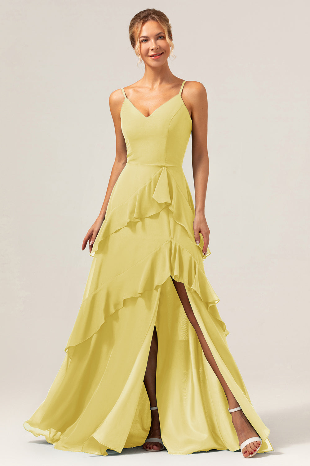 Wedtrend Women Dark Green Bridesmaid Dress with Slit A Line Spaghetti Straps Ruffled Chiffon Floor Length Wedding Party Dress, Daffodil / US12 Wedtrend Women Dark Green Bridesmaid Dress with Slit A Line Spaghetti Straps Ruffled Chiffon Floor Length Wedding Party Dress, Daffodil / US12