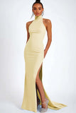 Halter Black Mermaid Long Formal Dress With Slit