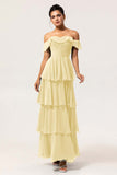 Eucalyptus A-Line Off The Shoulder Tiered Ruched Chiffon Long Bridesmaid Dress