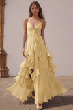 Dusty Blue Spaghetti Straps Chiffon A-Line Ruffled Bridesmaid Dress