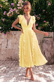 Dusty Rose V Neck A Line Ruffle Pleated Midi Wedding Guest Dress
