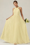 Dusty Sage A Line Halter Pleated Long Bridesmaid Dress