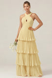Lilac Halter Keyhole A Line Tiered Ruffle Pleated Bridesmaid Dress