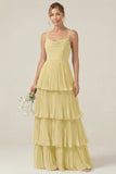 Dusty Sage Cowl Neck A Line Tiered Pleated Long Bridesmaid Dress