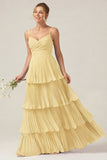 Dark Green A Line Ruched Pleated Spaghetti Straps Tiered Bridesmaid Dress