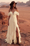 Off the Shoulder Ivory Ruffled A Line Wedding Dress with Slit