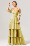 Eucalyptus A Line Off The Shoulder Tiered Long Bridesmaid Dress
