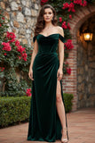 Off The Shoulder Black Sheath Corset Velvet Long Formal Dress with Slit
