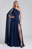 One Shoulder Burgundy A Line Formal Dress with Slit