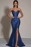 Dark Green Mermaid Strapless Sequin Long Formal Dress With Slit