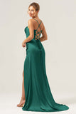 Martini Mermaid Cowl Neckline Ruched Corset Long Satin Bridesmaid Dress with Slit