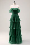 Eucalyptus A-Line Off The Shoulder Tiered Pleated Floor Length Bridesmaid Dress
