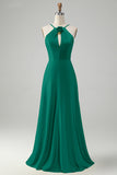 Stylish Yellow A Line Halter Pleated Long Bridesmaid Dress with Flower