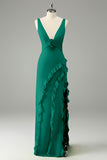 Lime Sheath V Neck Floral Open Back Bridesmaid Dress with Ruffle Slit