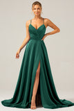 Royal Blue A Line V Neck Pleated Satin Bridesmaid Dress with Slit