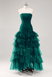 Black Tulle Strapless Tiered Formal Dress with Ruffles