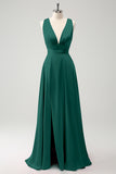 Burgundy A Line Deep V Neck Backless Long Bridesmaid Dress with Slit