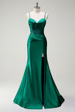 Dark Green Mermaid Spaghetti Straps Satin Prom Dress with Sheer Corset Bodice
