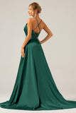 Royal Blue A Line V Neck Pleated Satin Bridesmaid Dress with Slit