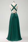 Burgundy A Line Deep V Neck Backless Long Bridesmaid Dress with Slit