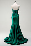 Dark Green Mermaid Spaghetti Straps Satin Prom Dress with Sheer Corset Bodice